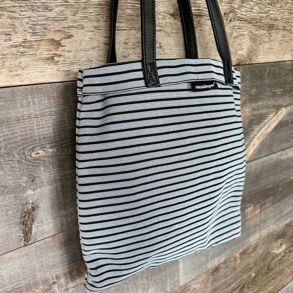 Nienkämper Black Grey Stripe Fabric Leather Handle Tote Bag Travel Commute Light - Picture 5 of 6